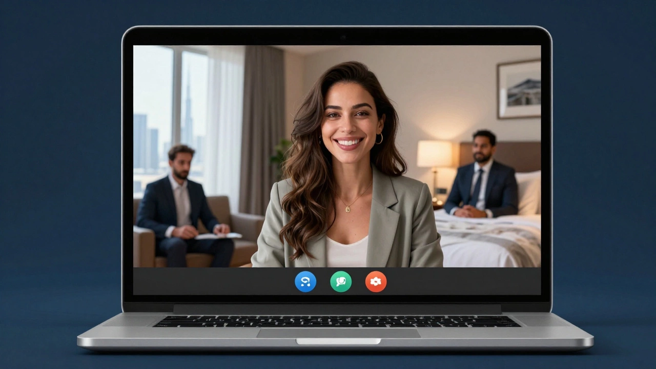 A woman on a video call with a client abroad, conveying trust and digital companionship in a softly lit room.