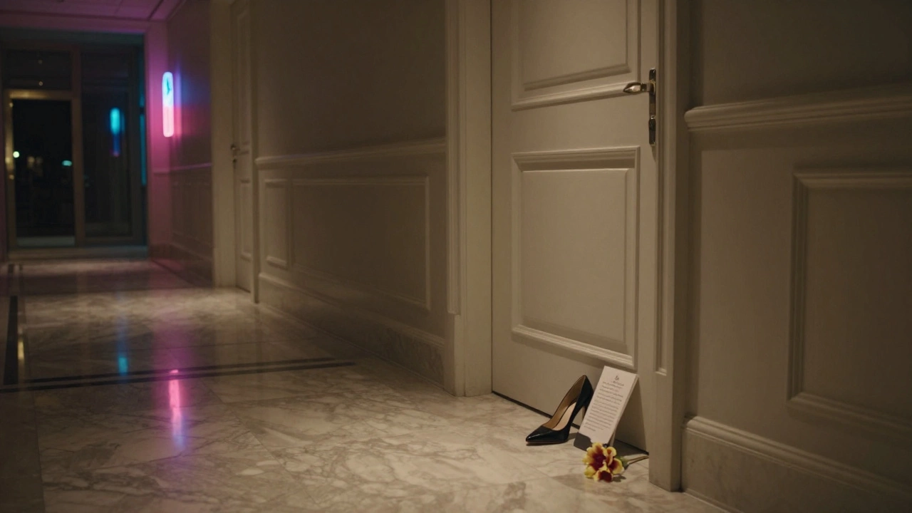 An empty hotel hallway at night with a single shoe and a note beside a closed door, suggesting quiet human connection.