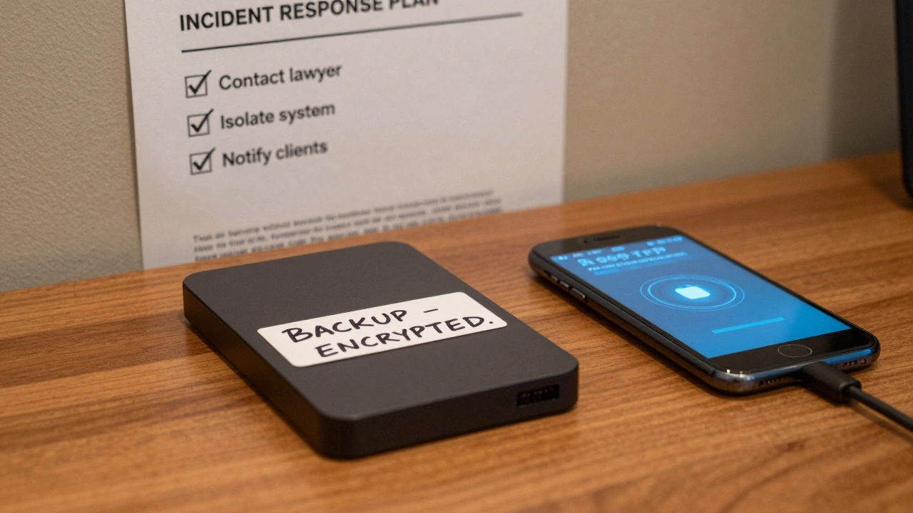 Encrypted external hard drive and smartphone on a table with incident response plan visible in background.