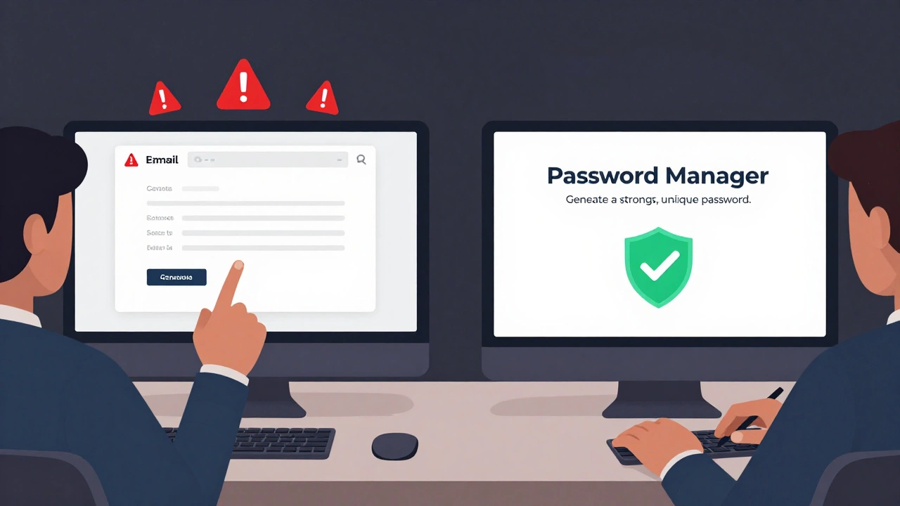 Split-screen comparison of clicking a phishing link versus using a password manager for secure access.